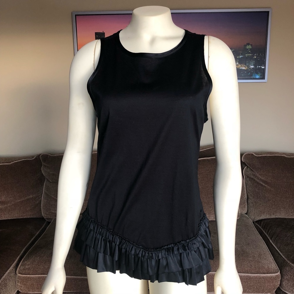 BURBERRY Cotton Tank Top with Silk Ruffle Trim Black NWT